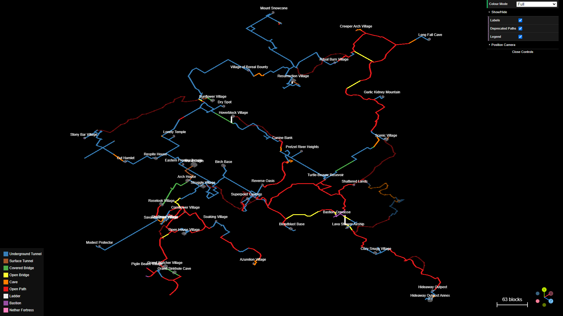 Screenshot of the Minecraft 3D Nether Map Viewer app, showing the network of paths in the Nether of one of my survivial single-player world.