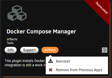 Screenshot of Actions Menu for dcflachs Compose Manager plugin with depreciated status flag