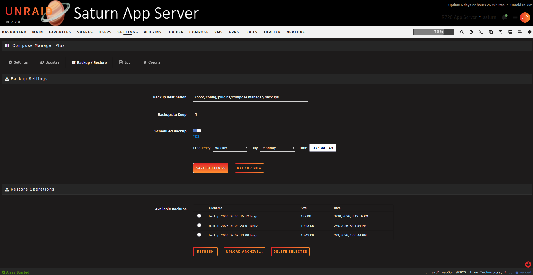 Settings - Backups Tab