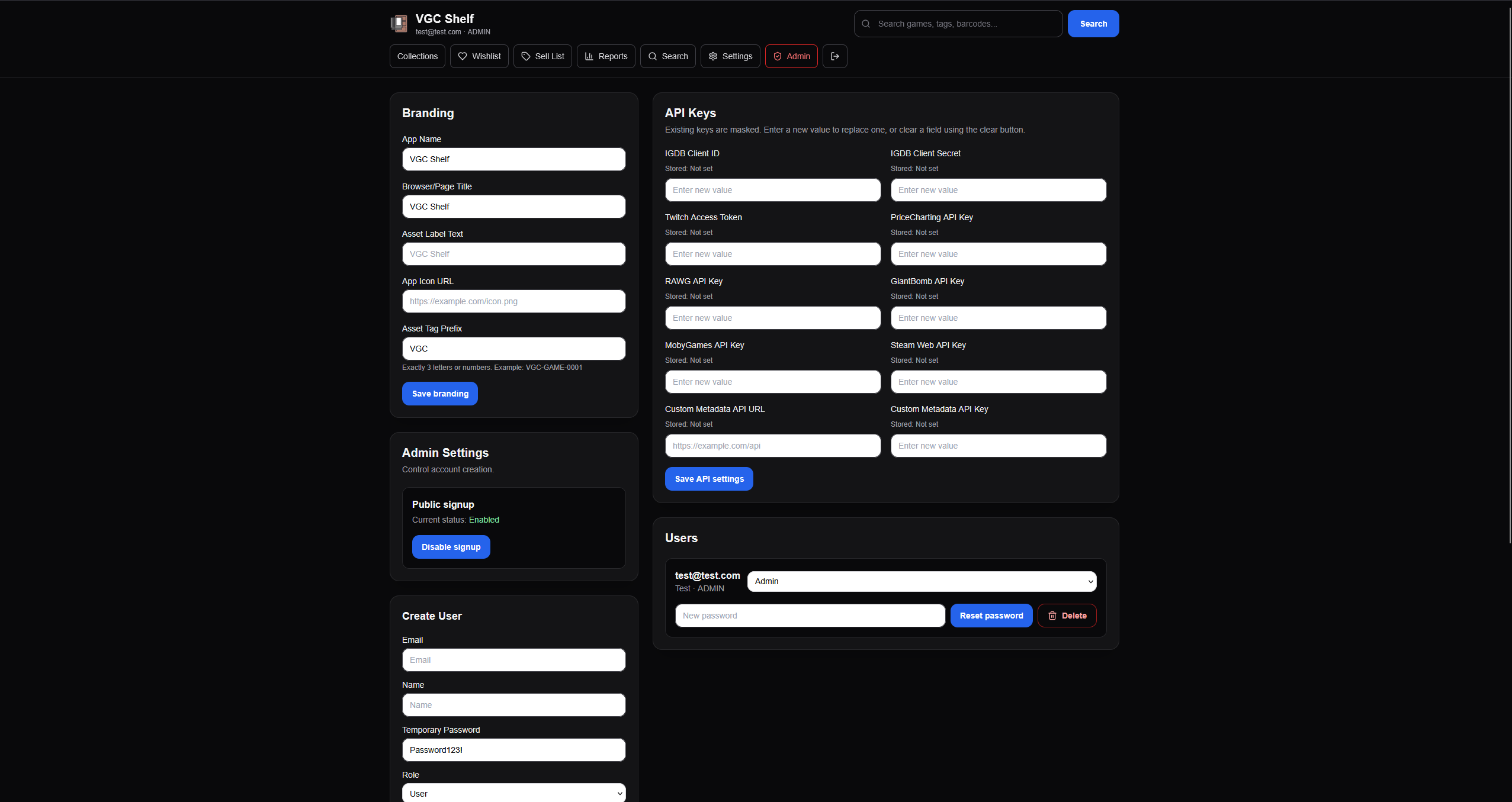 The admin page