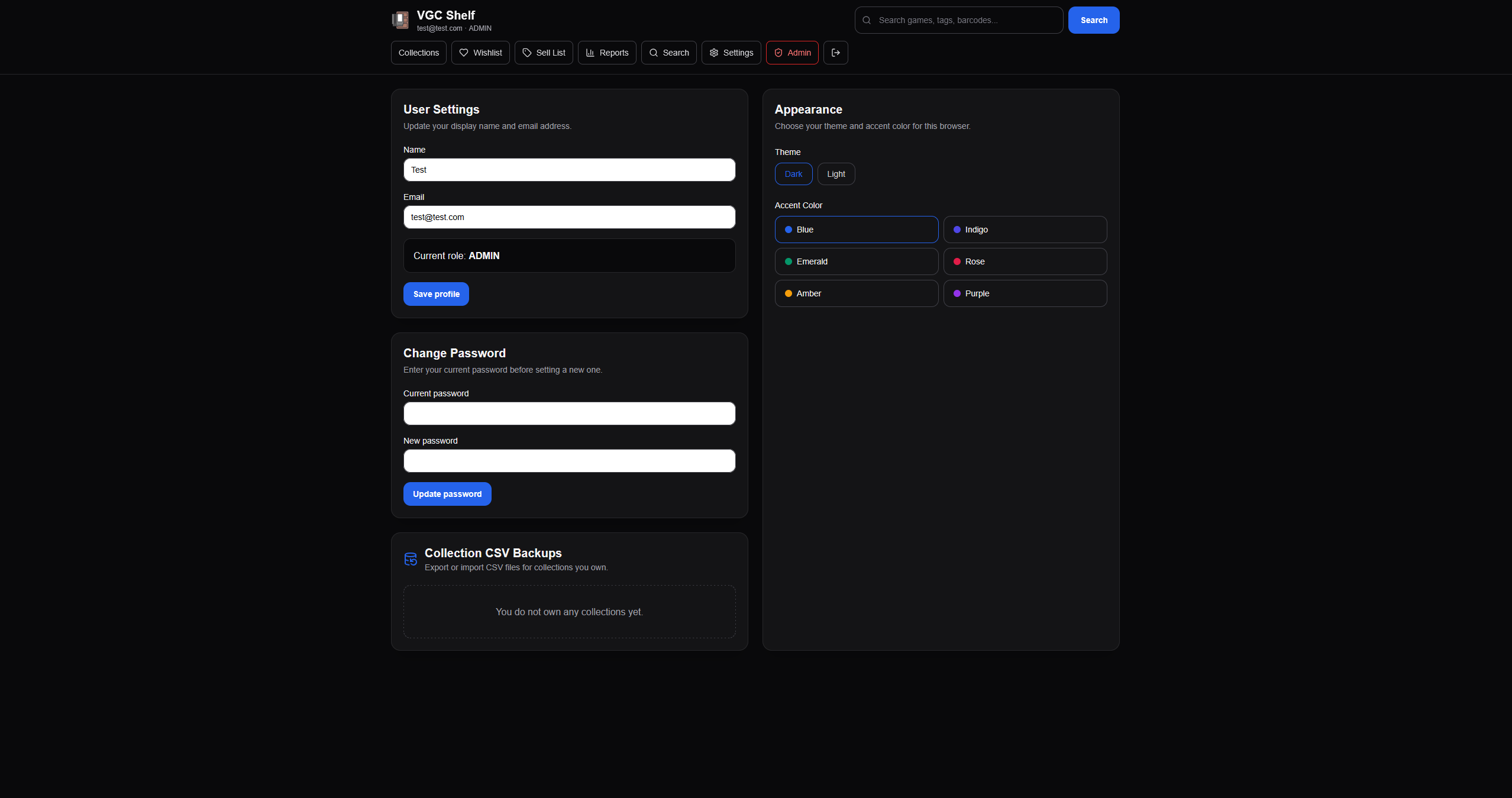 The settings page