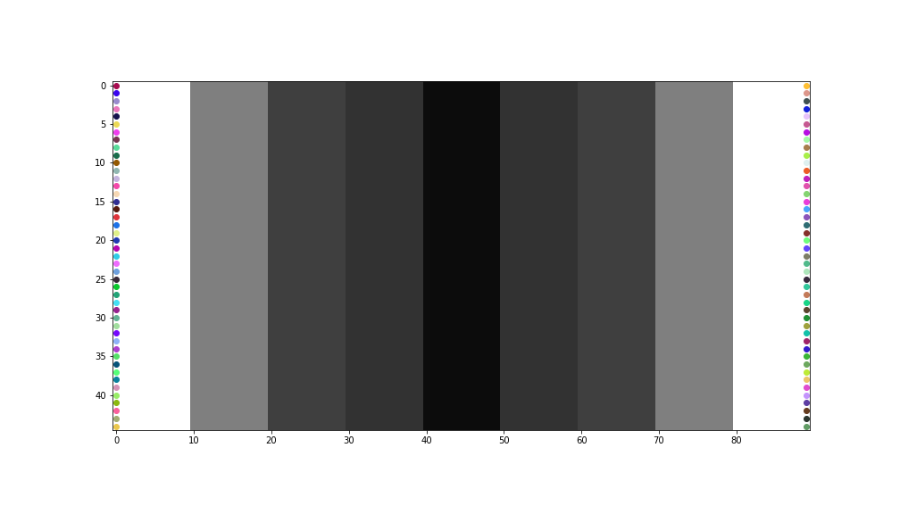 Example initial state of the petri-dish simulation: a rectangular grid shaded by antibiotic concentration (darker bands of stronger antibiotic toward the center), with randomly-colored bacteria seeded along the left and right edges