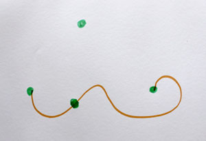 The same Sprouts board after one move: a curved line connects two of the spots, with a new spot added partway along it.