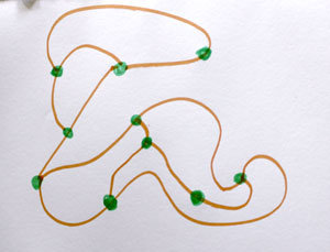A completed Sprouts game: several curved lines connect the spots and no legal moves remain.