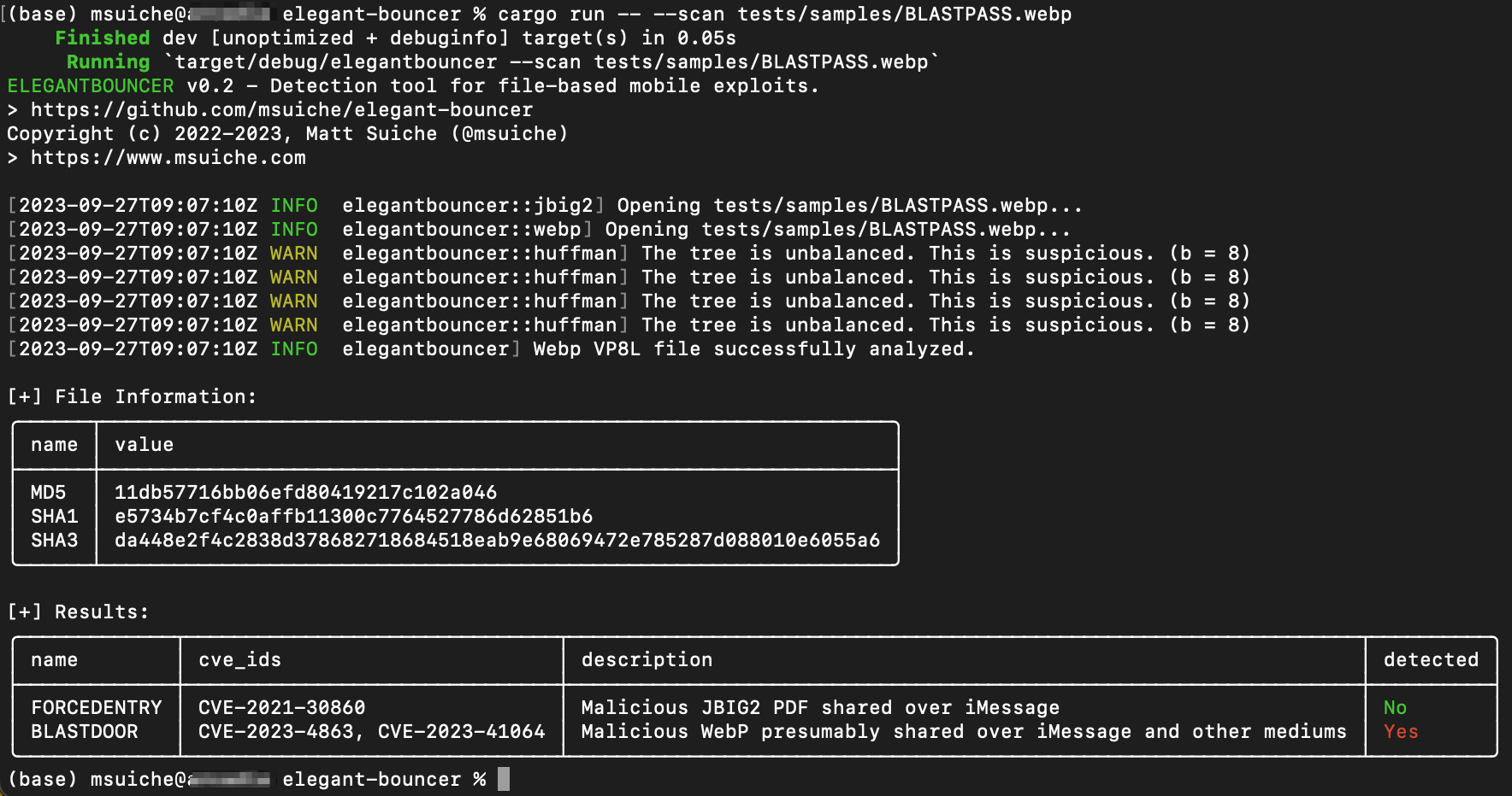 output of the detection tool