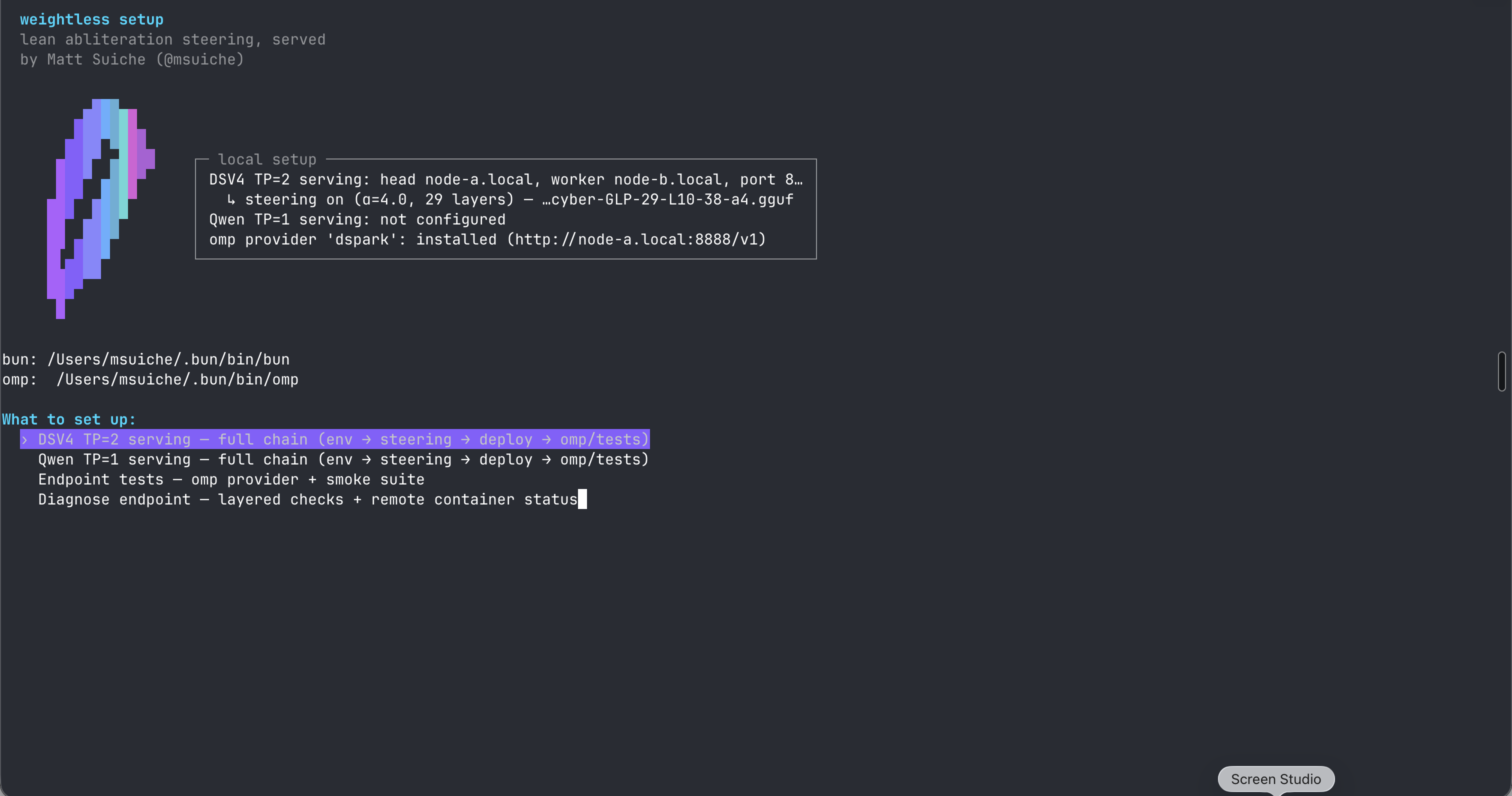 setup wizard — splash, local-state box, main menu