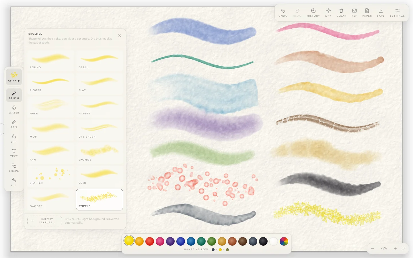 The brush library open next to sample strokes of all 14 brushes in different colours