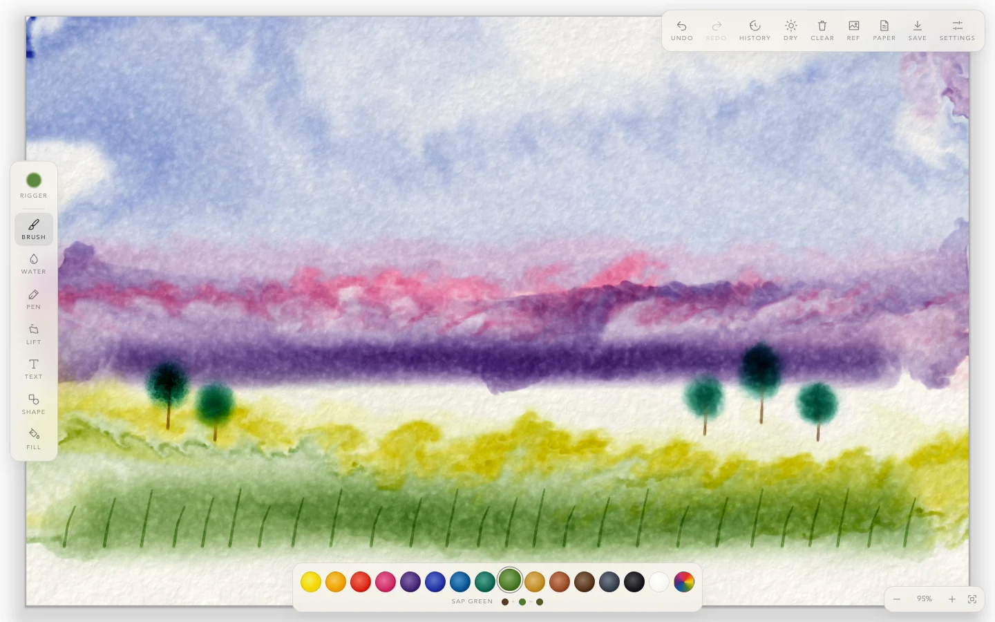 A landscape painted in the app: a blue sky, a pink and violet horizon, green and yellow fields and small trees