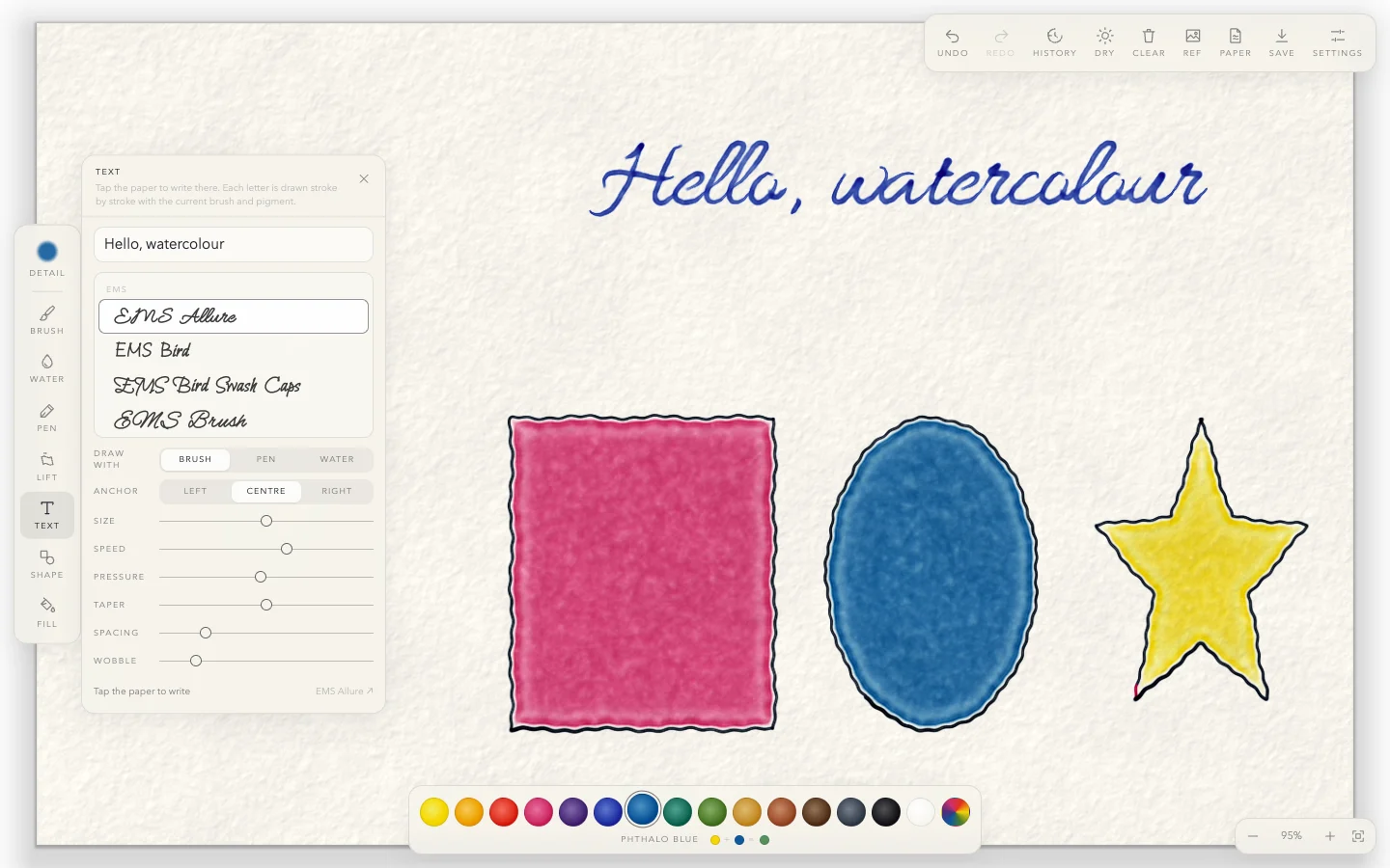 Hand-lettered "Hello, watercolour" above a pink rectangle, a blue ellipse and a yellow star, each outlined in ink and filled with a wash, with the Text panel open