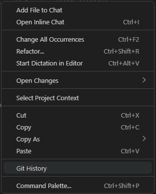 The editor context menu with the Git History command.