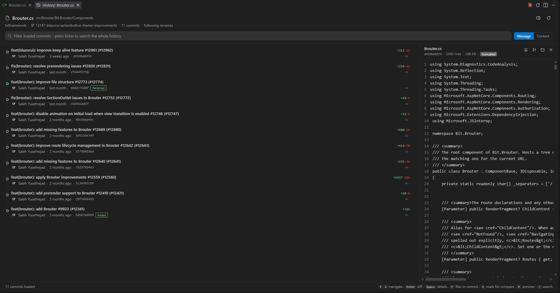 The Git File History view: the commit timeline for a file on the left, and the file preview pane for the selected commit on the right.
