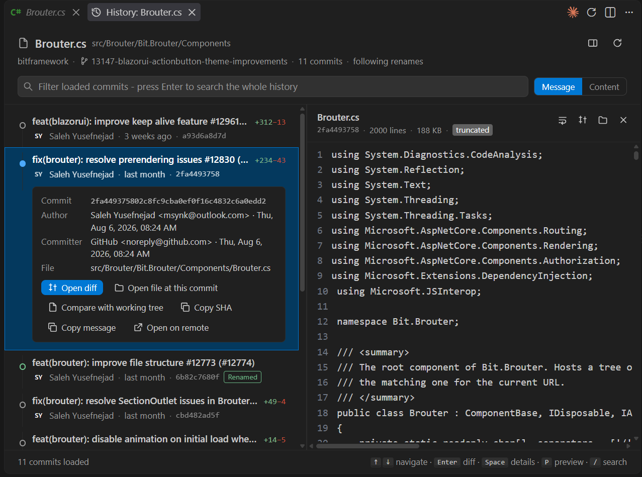 A selected commit expanded in the timeline, with the file preview pane beside it.