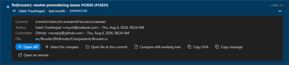 An expanded commit showing its SHA, author, committer, path and action buttons.
