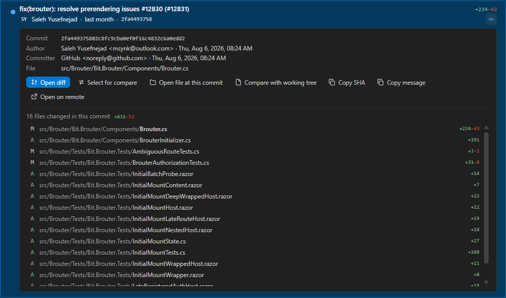 The list of every file changed in a commit, with status letters and line counts, the followed file in bold.