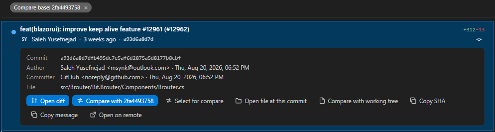 A second commit offering Compare with the marked base commit, with the compare base chip above the list.