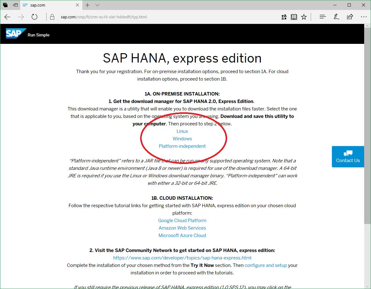 HANA Express Download Manager Option