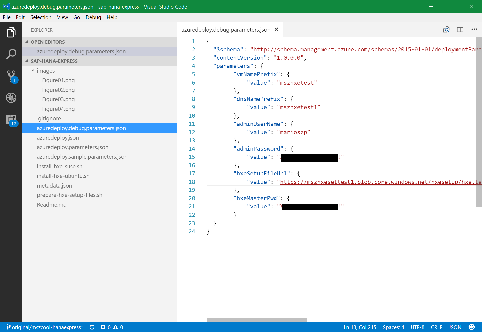 Parameters filled in the azuredeploy.parameters.json