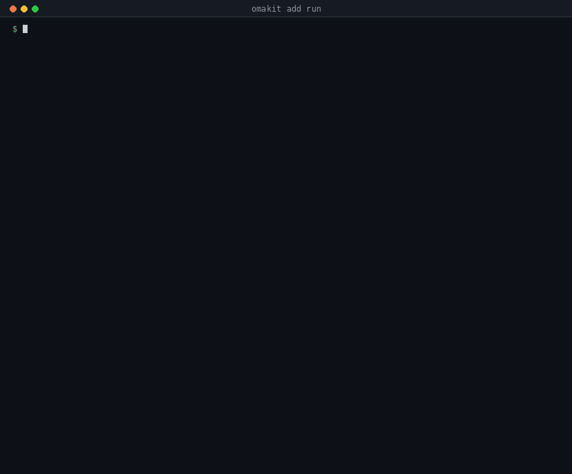 Recorded terminal showing inspect before omakit add run, the copied Run files, and inspect after the fixture is ported