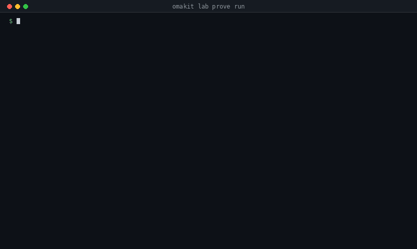 Recorded terminal showing omakit lab prove run identify the disposable guest, complete all 19 Run scenarios, remove the overlay, verify the unchanged base and close PROVED