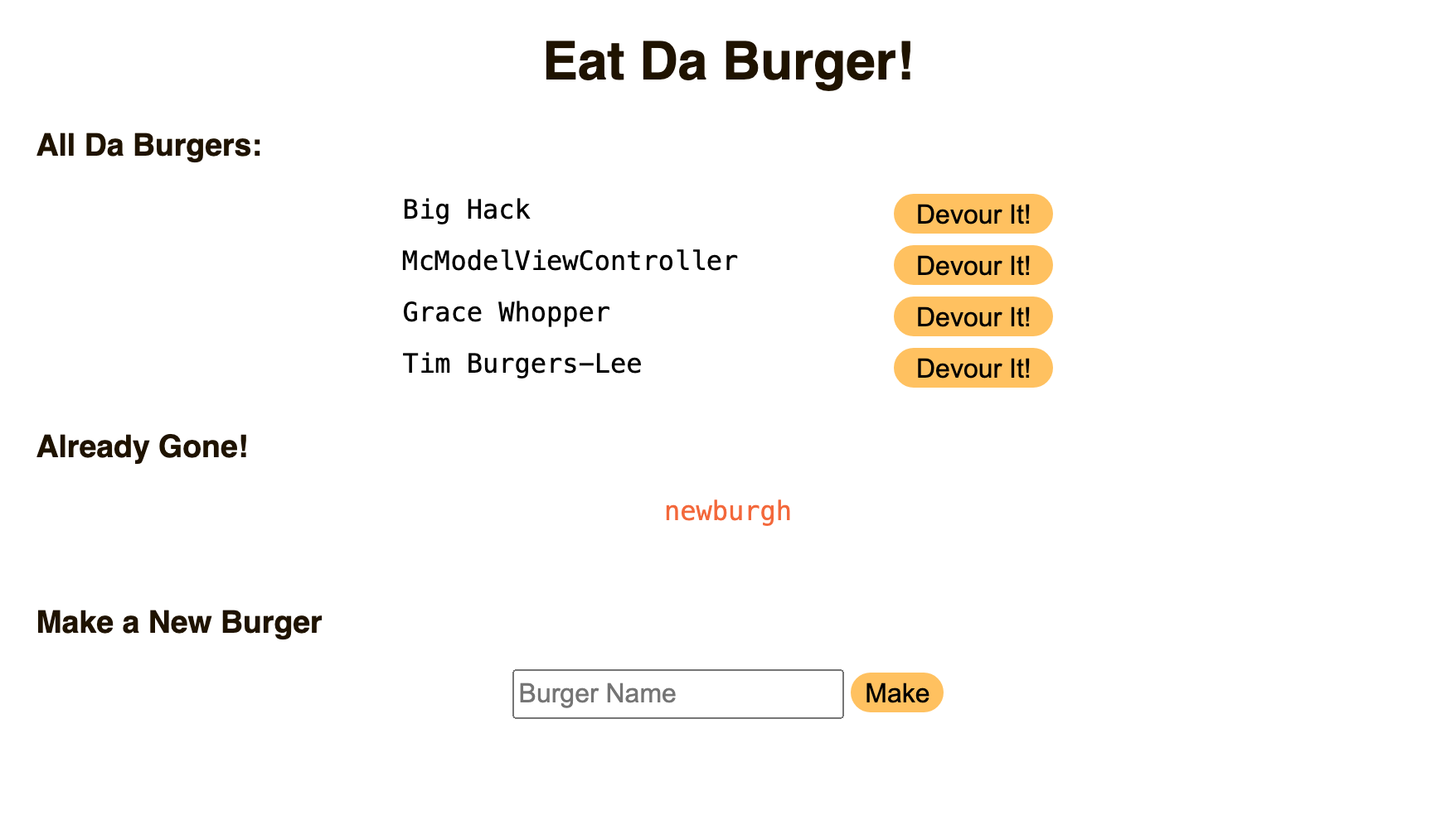 screenshot of burgers UI with 4 burgers ready to eat and 1 already eaten