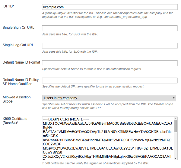 SAML IdP configuration