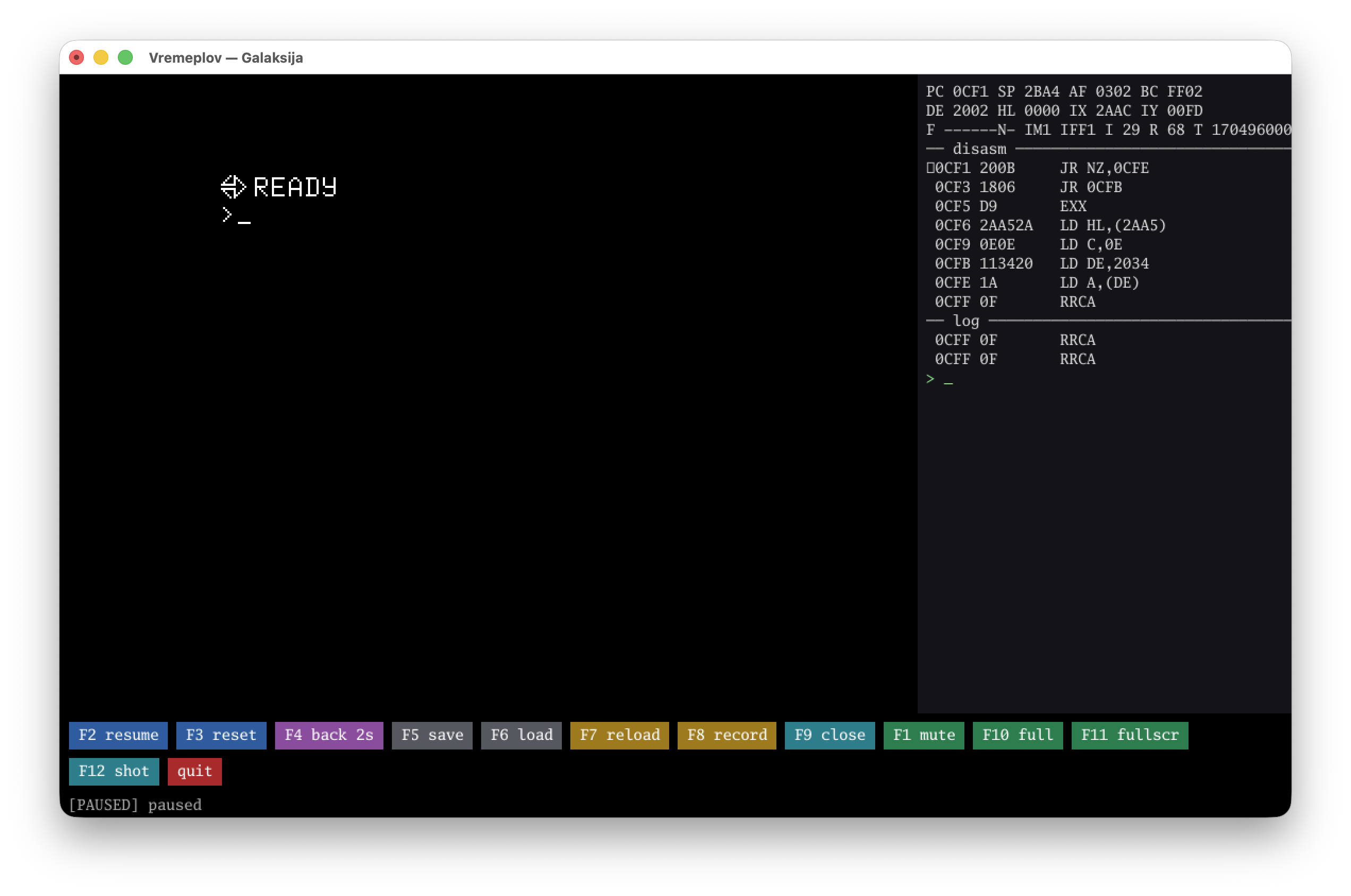 Vremeplov emulator with the monitor open