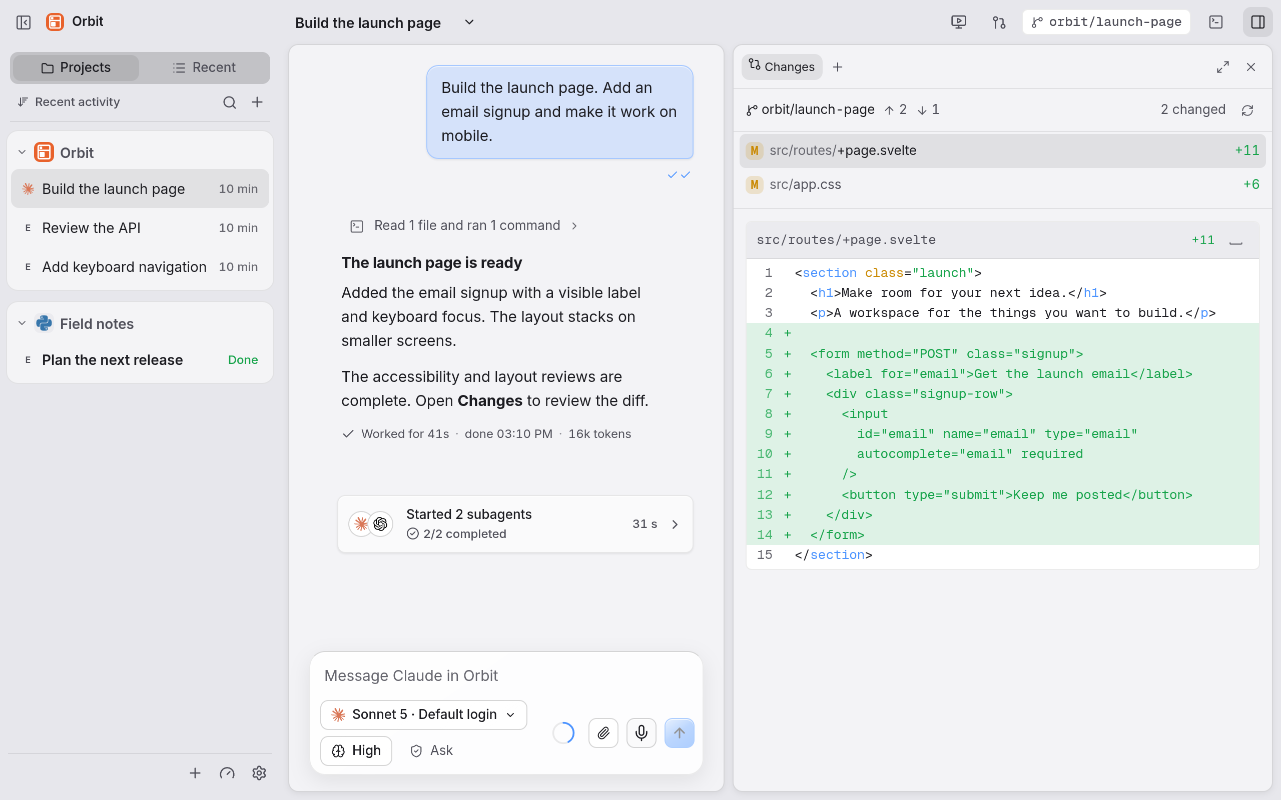 Agent conversation and code changes in Boite