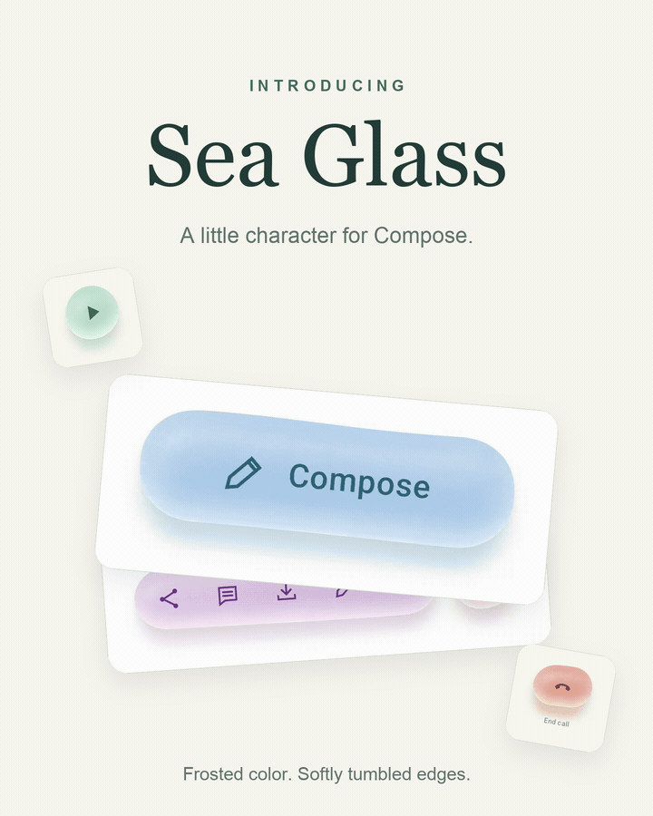 Sea Glass buttons, tabs, and sample app screens in pastel glass styles