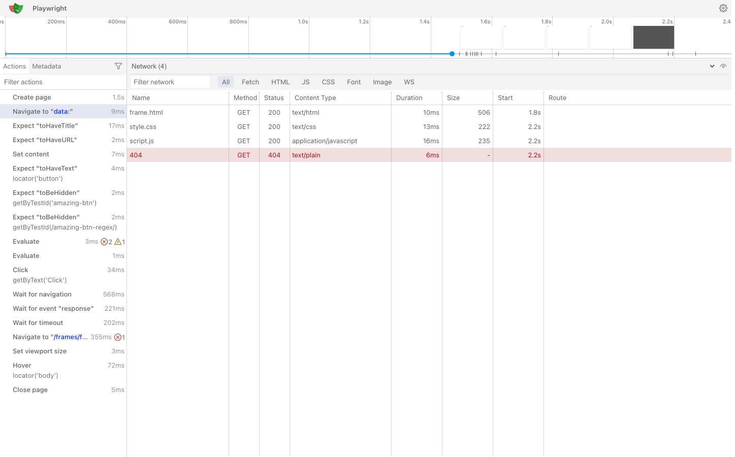Trace viewer with the browser panel hidden