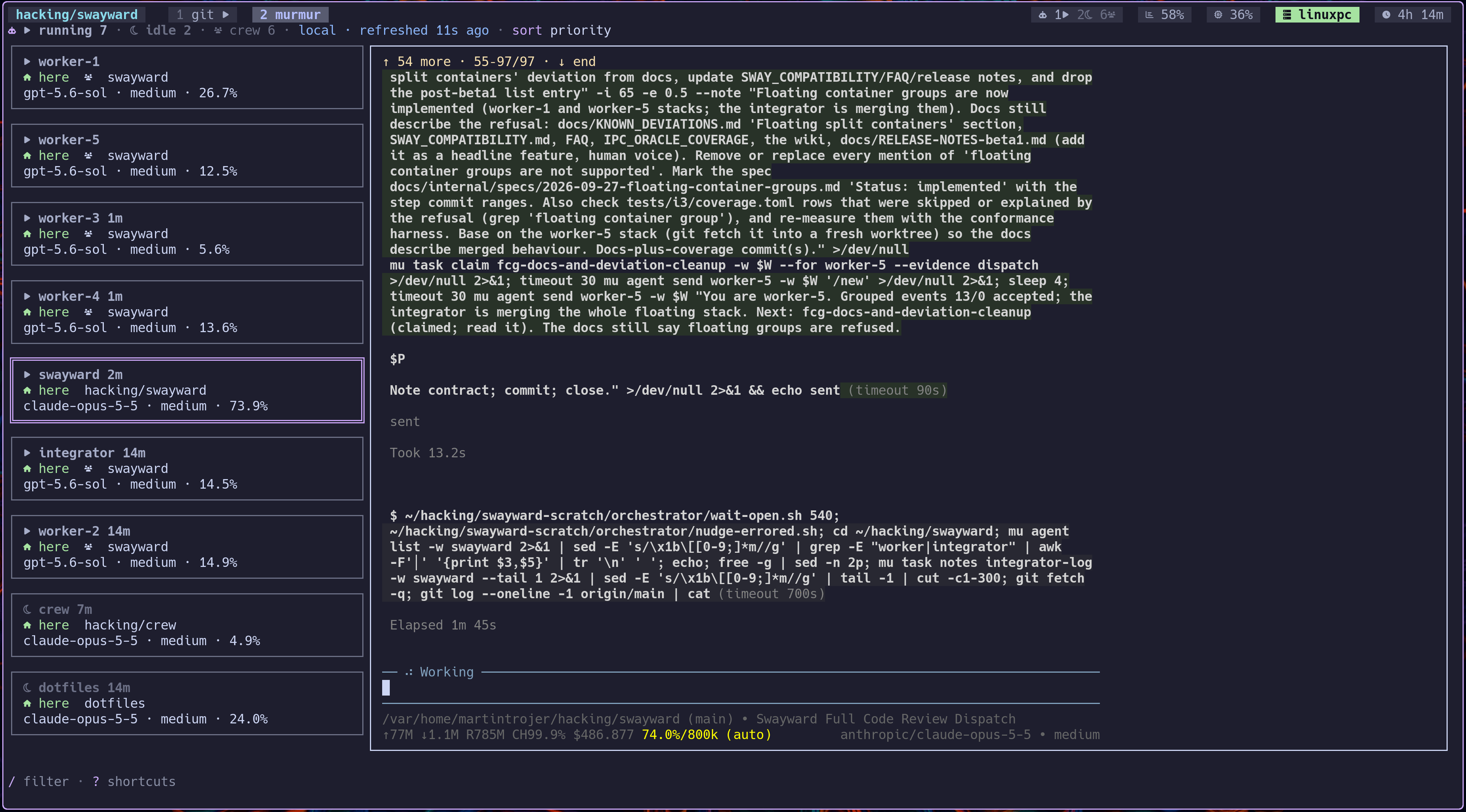 murmur dash — cards on the left, pane glance on the right