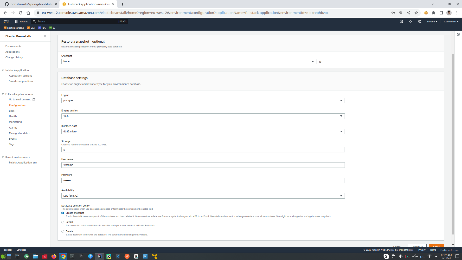 AWS ElasticBean Stalk Config DB