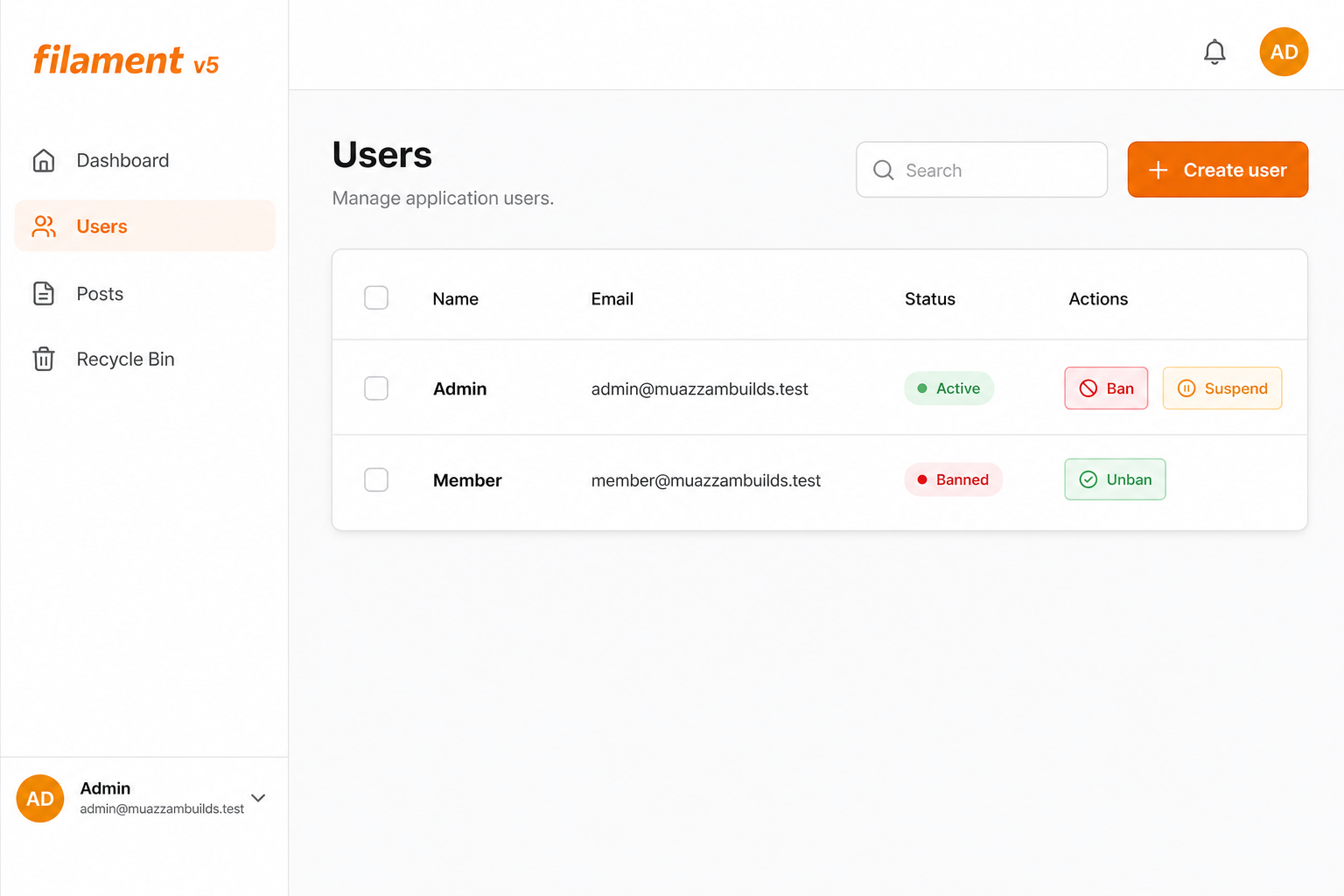 Users table with Ban, Suspend, and Unban actions