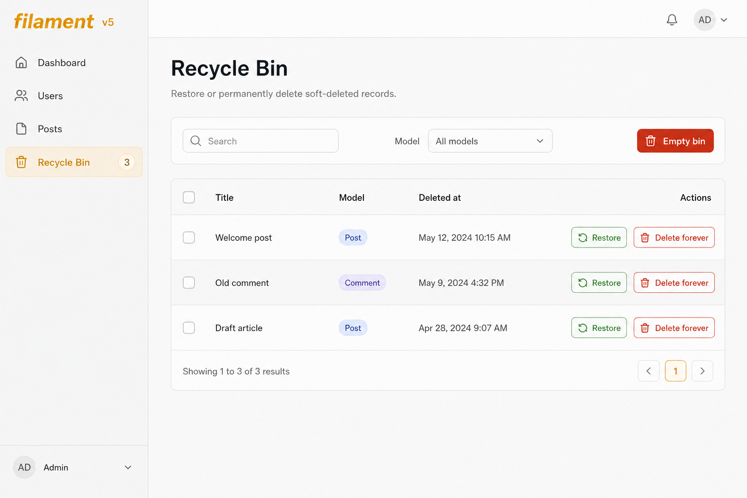 Recycle Bin panel screenshot