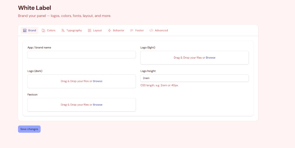 Brand settings — logos, favicon, and brand name