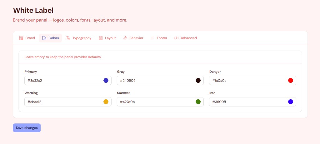 White Label settings — Colors tab