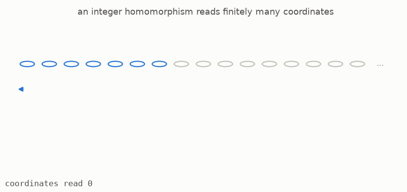 A homomorphism reads only a finite group of coordinates and ignores the rest of the product