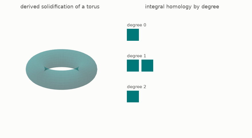 A torus rotates in three dimensions beside bars for homology in degrees zero, one, and two