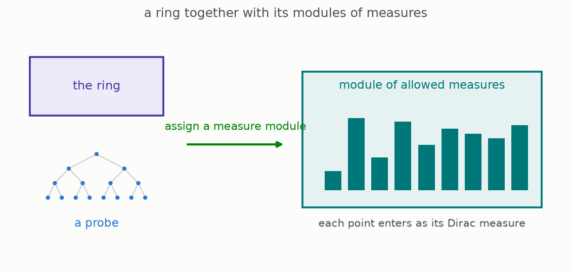 A probe maps to its module of allowed measures, and every point enters as a Dirac measure