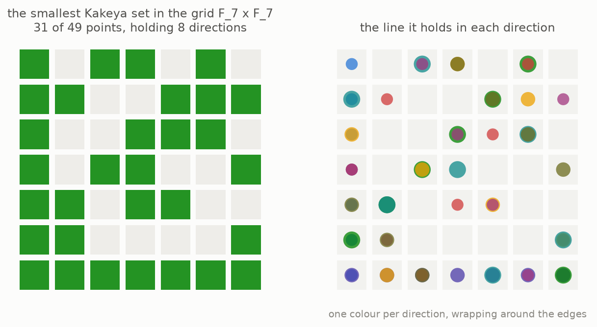 A 7 by 7 grid with 31 of its 49 points marked, and beside it the line the set holds in each of the 8 directions