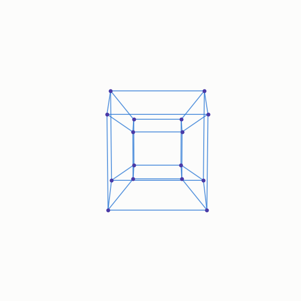 A four-dimensional cube rotating, shown through its changing three-dimensional shadow