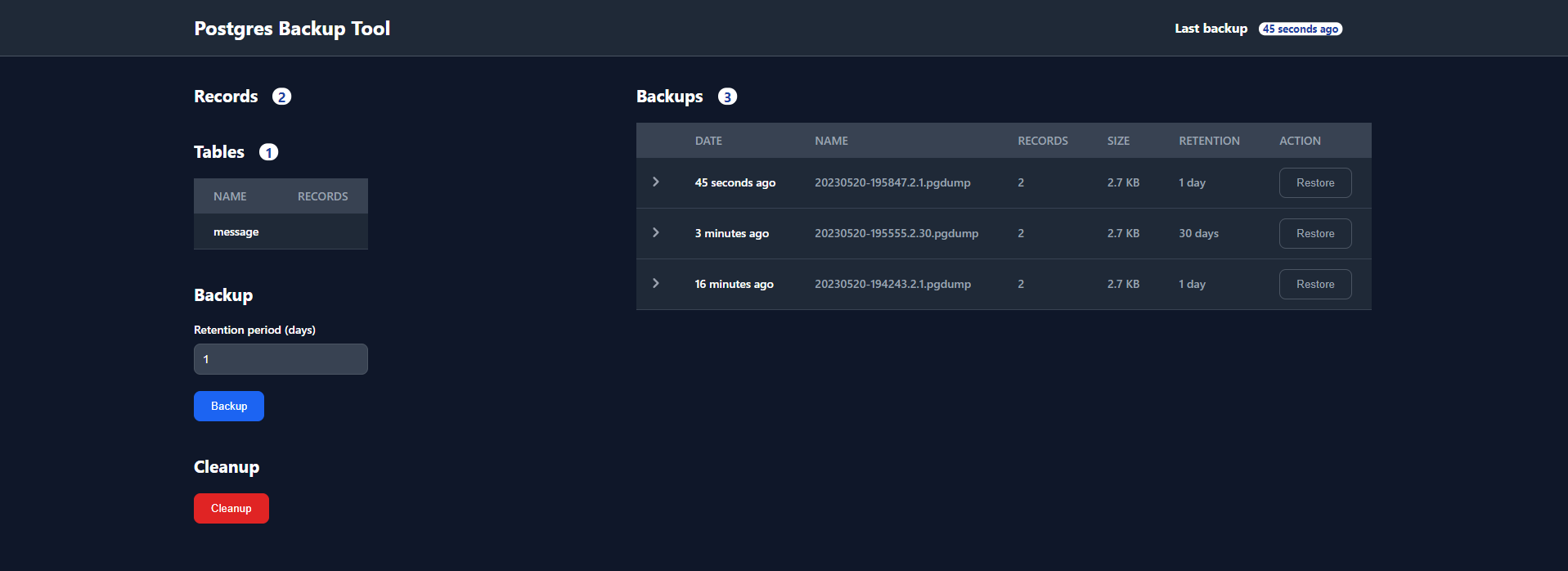 PostgreSQL backup tool screenshot