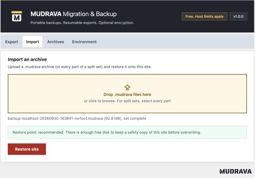 MUDRAVA import screen with a complete uploaded archive and a recommended destination restore point.