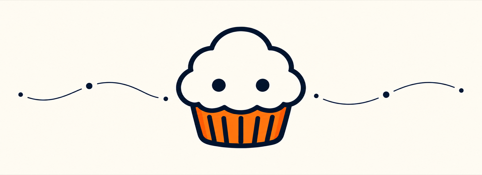 Muffin mascot, with a dotted line suggesting continuity across time