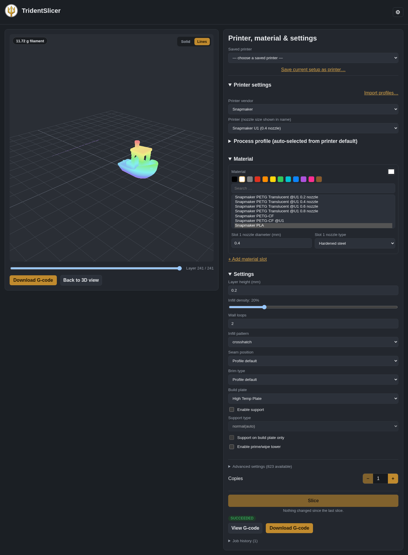 Trident showing a sliced 3DBenchy for a Snapmaker U1