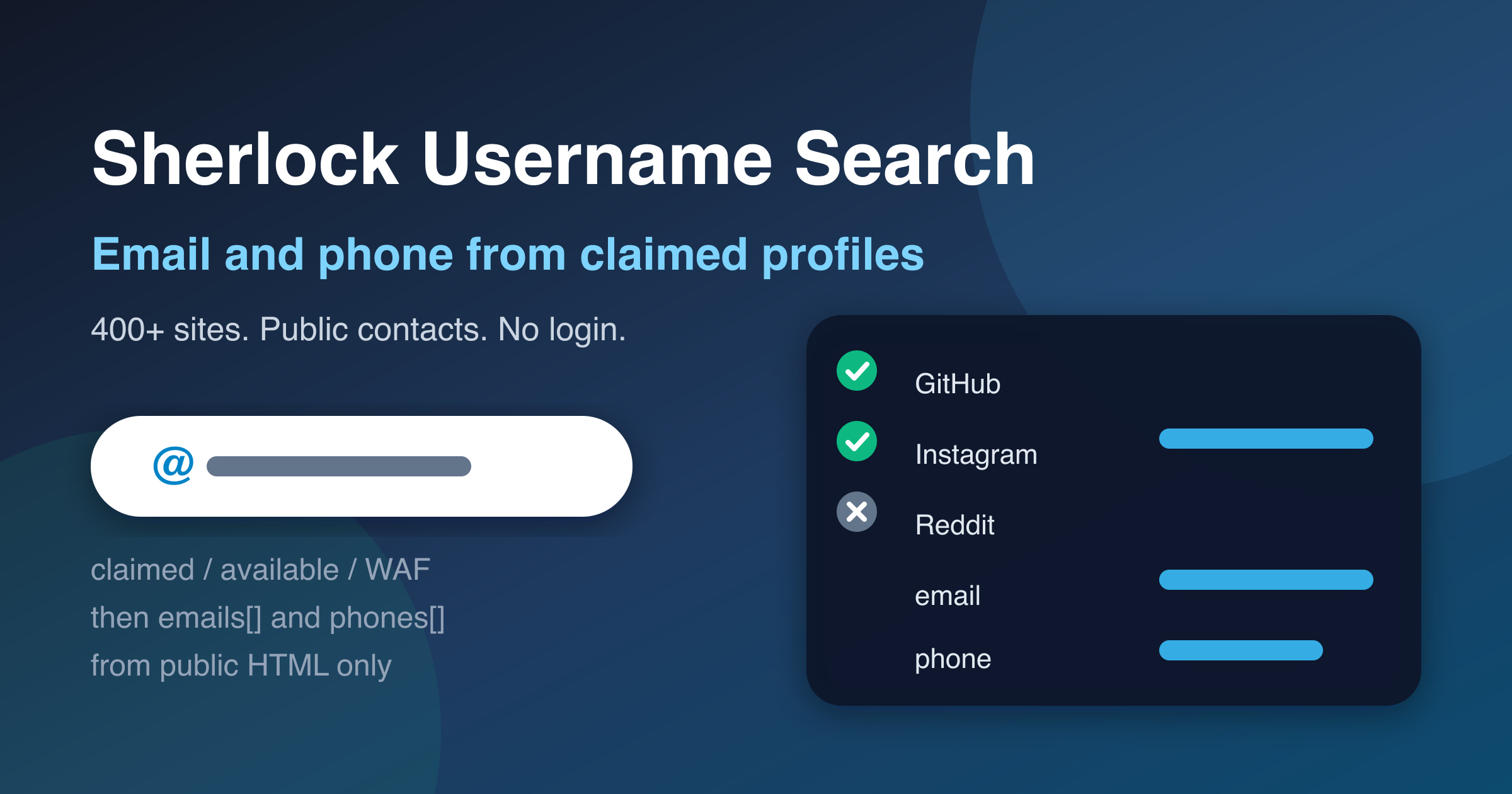 Sherlock Username Search — 400+ sites, then public emails and phones from claimed profiles