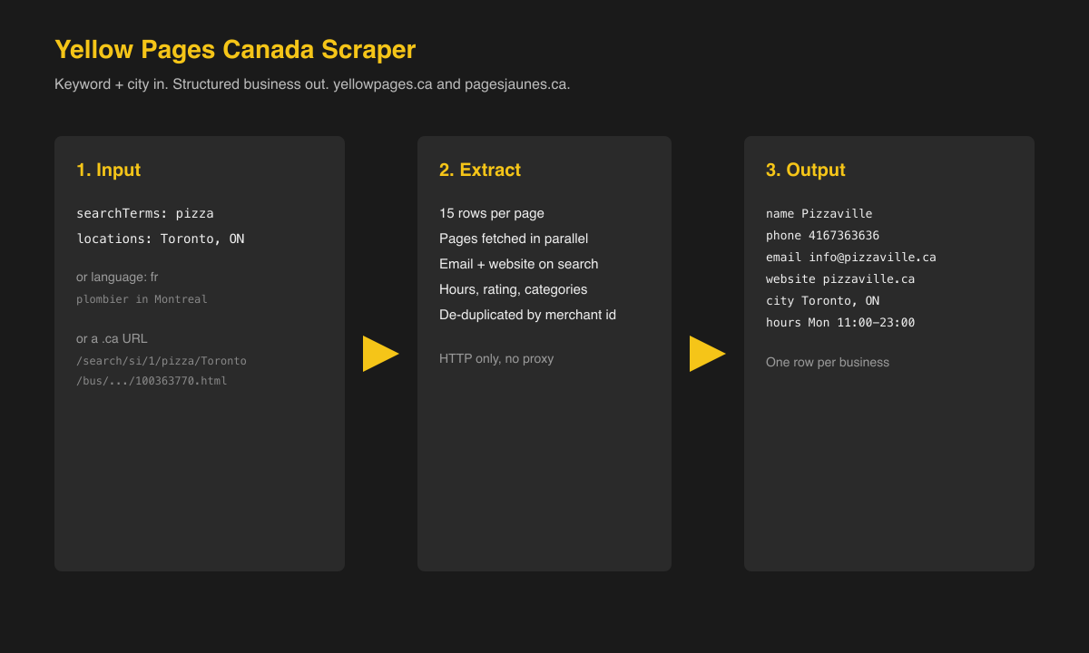 How the Yellow Pages Canada scraper turns a search into business rows