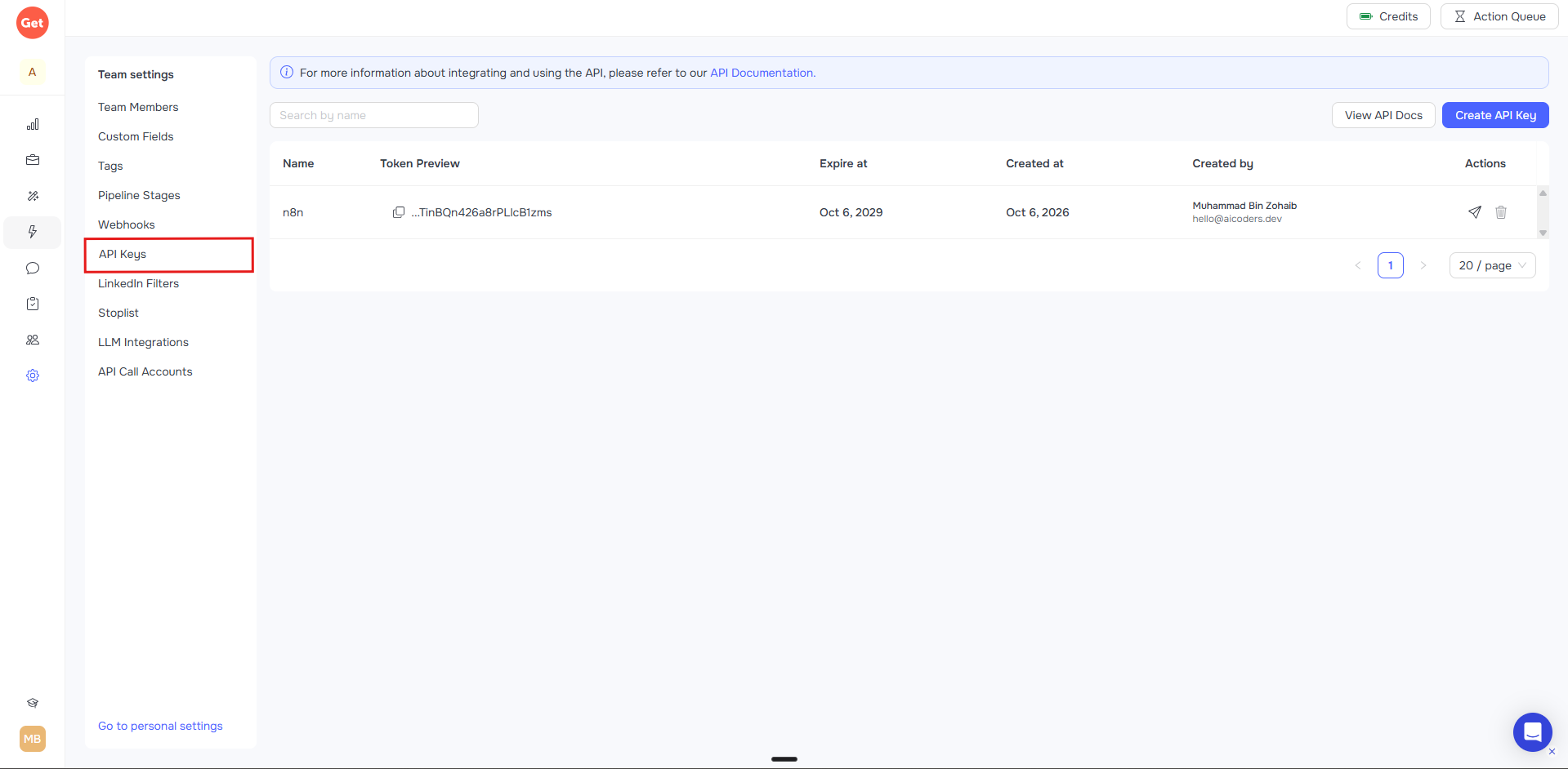 GetSales API Keys page