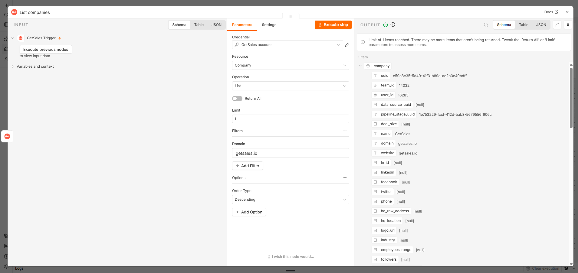 GetSales node: List Companies with filters and example output