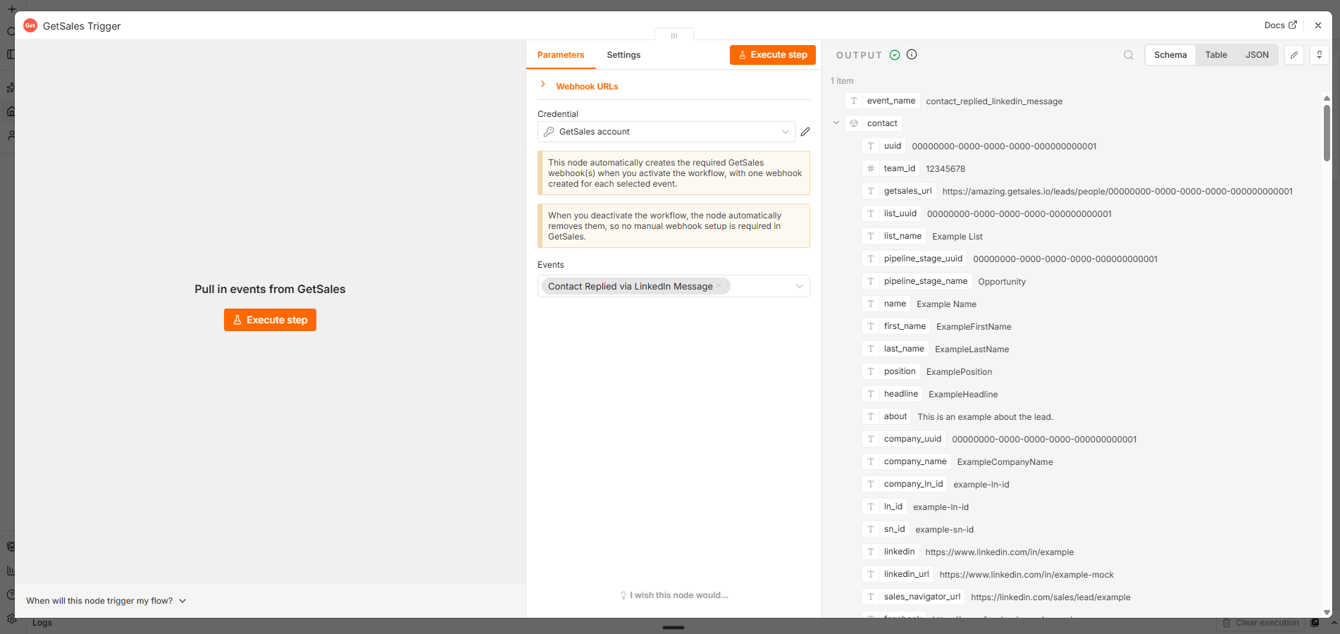 GetSales Trigger node with an event selected and example output