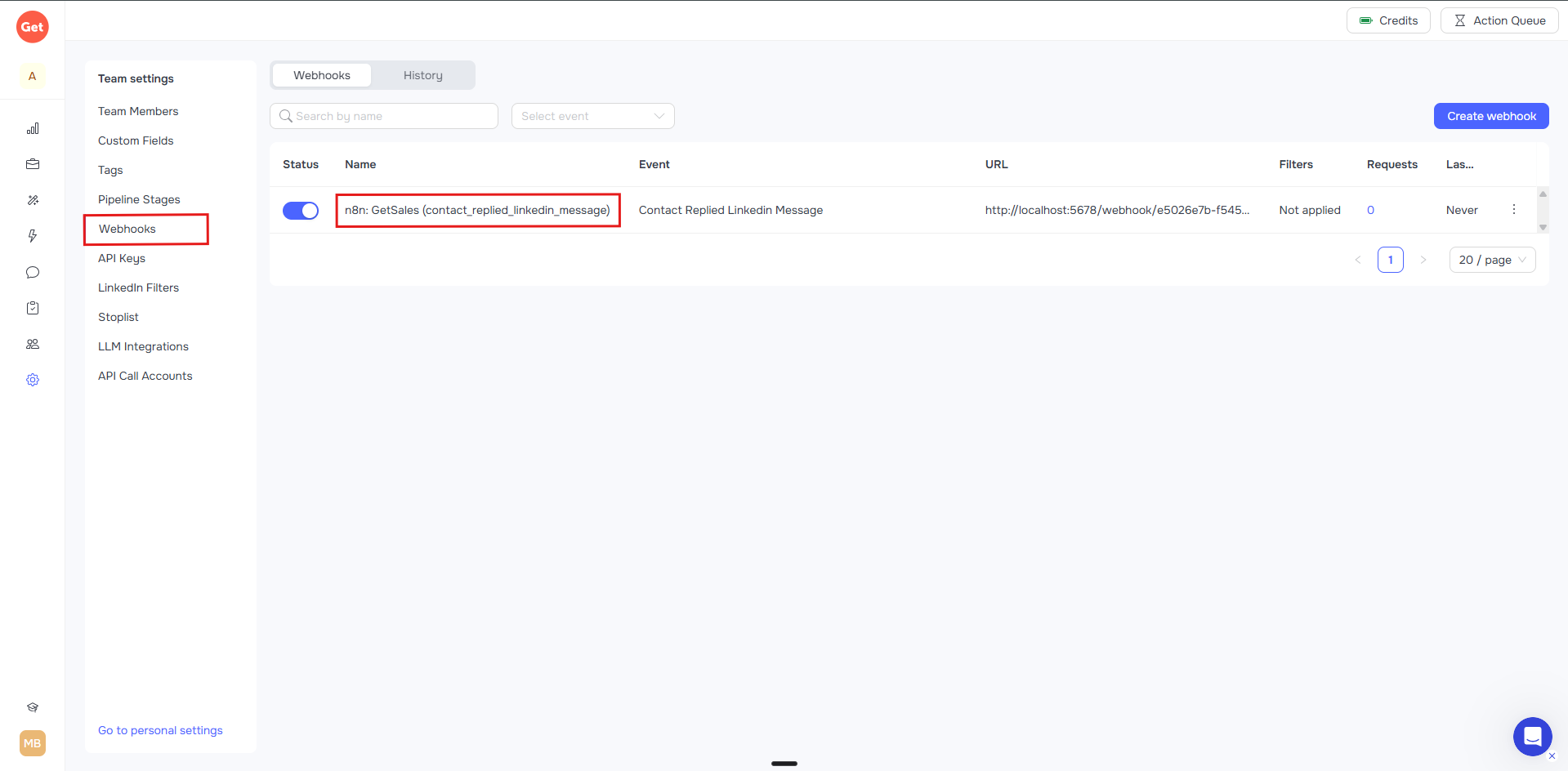 Webhook automatically created inside GetSales